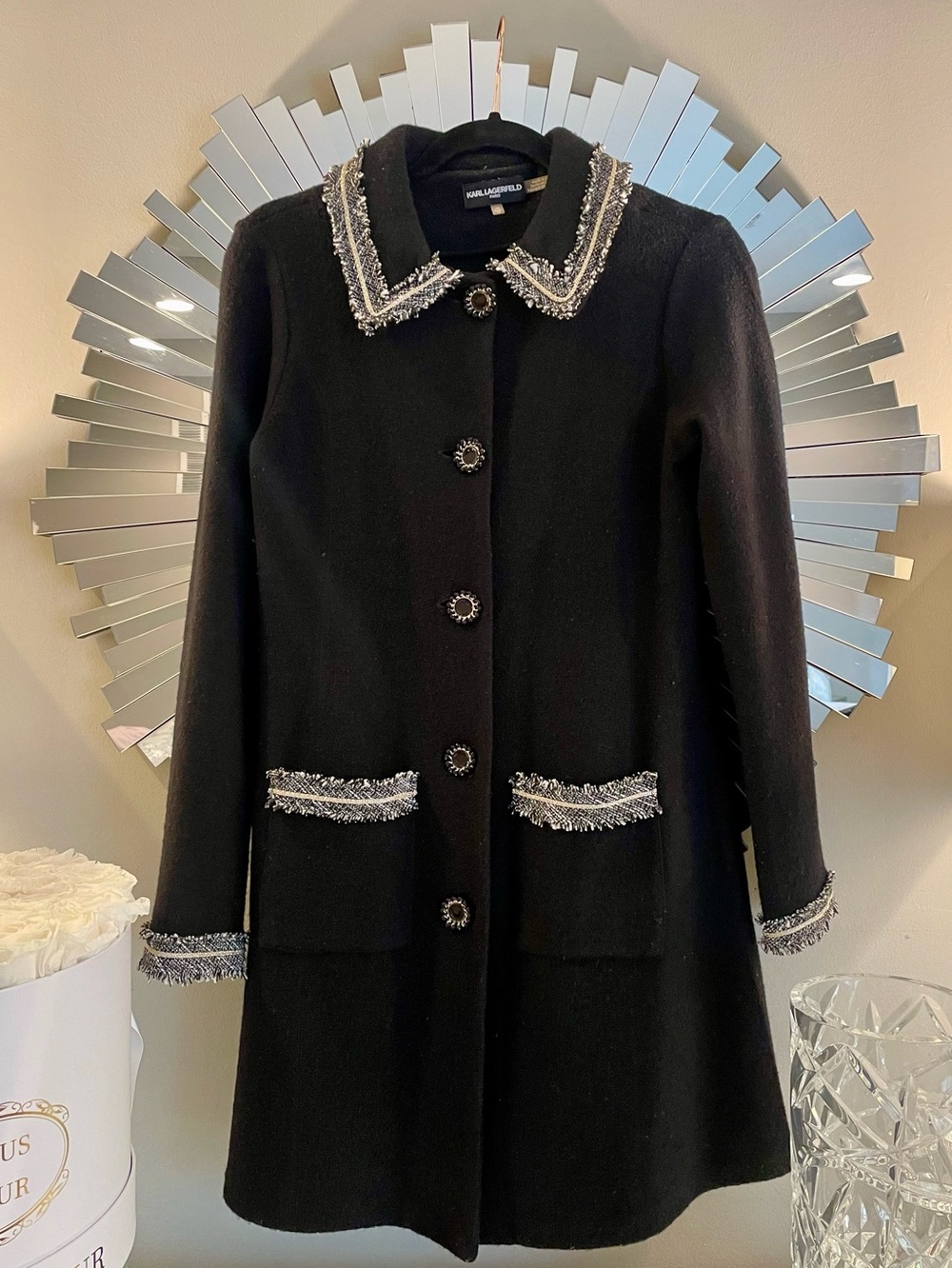 Karl Lagerfeld Black Wool Coat with Silver Tweed Trim
